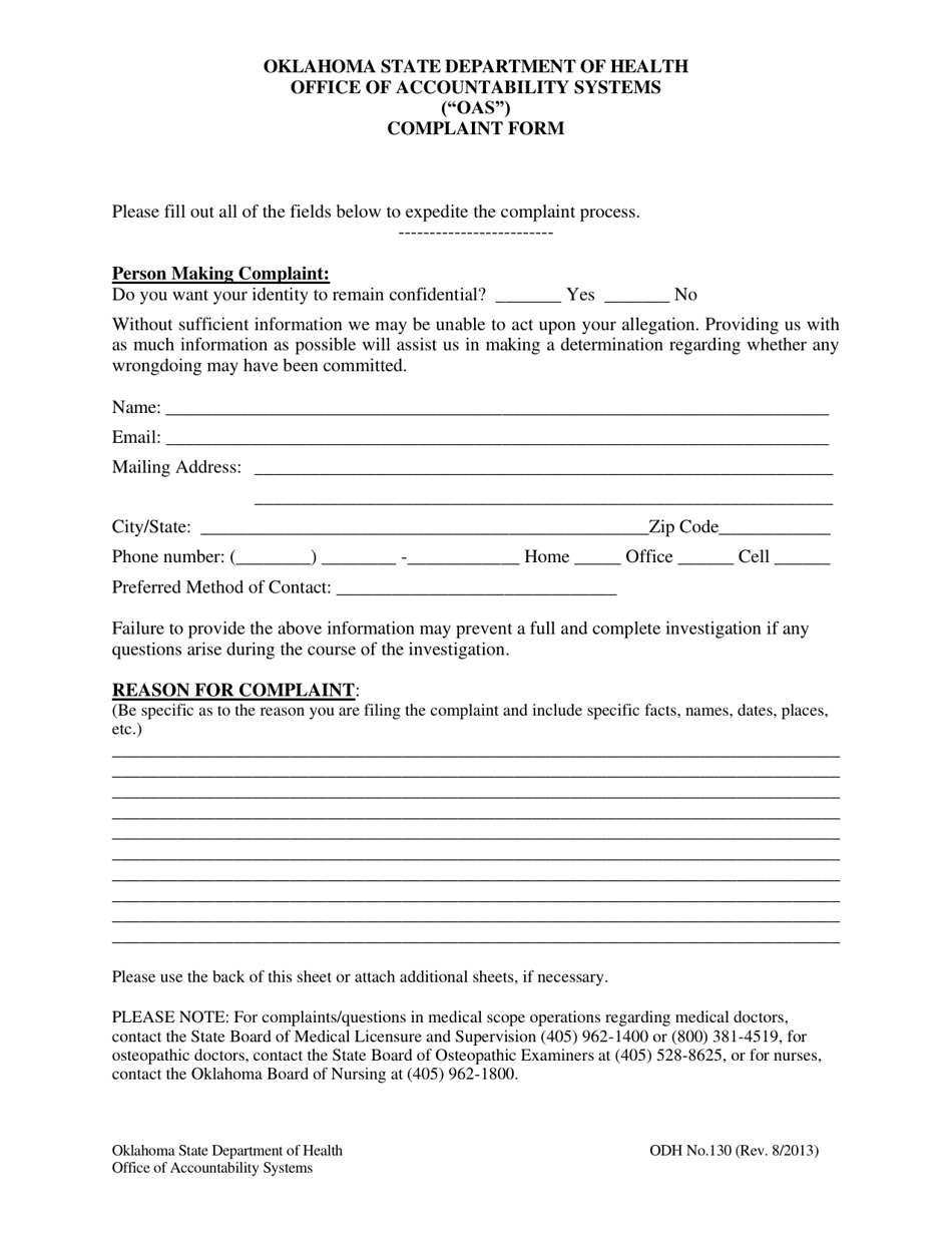 ODH Form 130 Office of Accountability Systems (Oas) Complaint Form - Oklahoma, Page 1