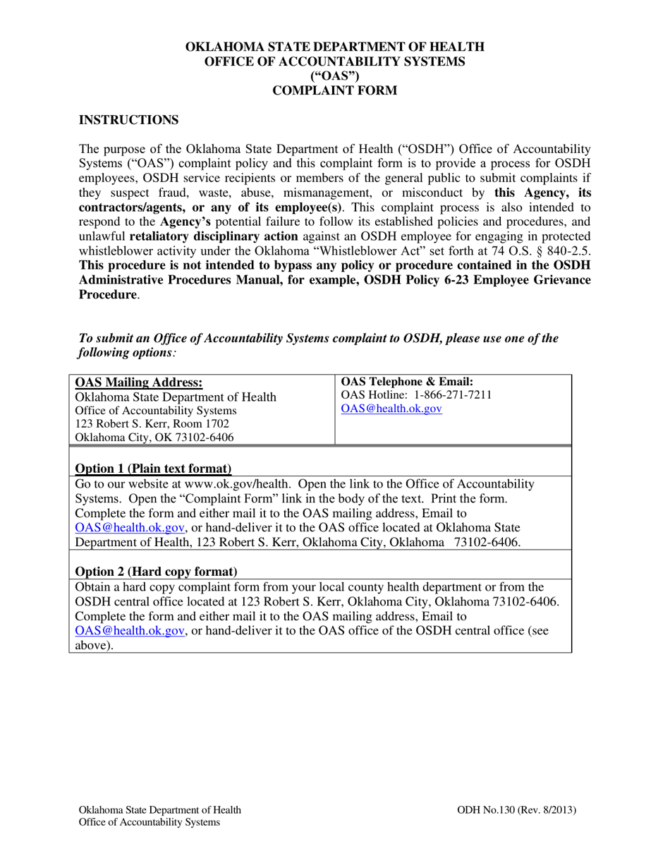 ODH Form 130 Office of Accountability Systems (Oas) Complaint Form - Oklahoma, Page 2