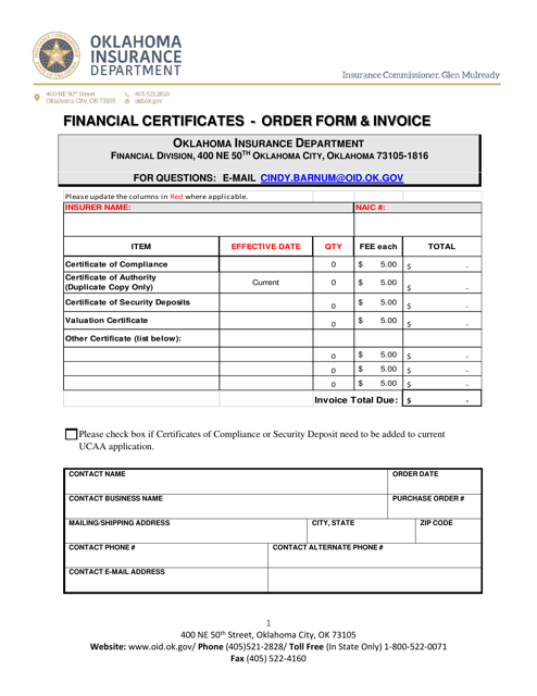 Financial Certificates - Order Form & Invoice - Oklahoma Download Pdf