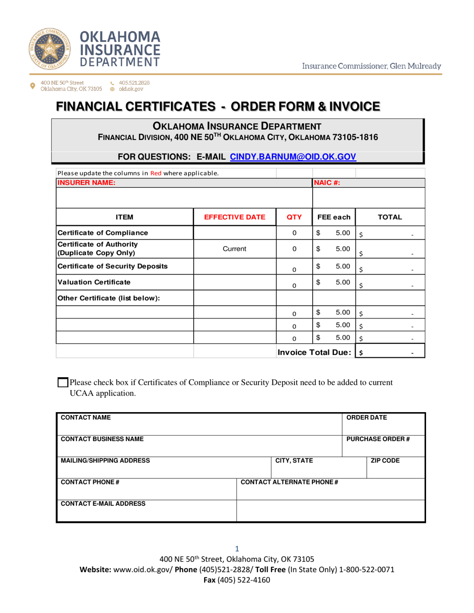 Financial Certificates - Order Form  Invoice - Oklahoma, Page 1