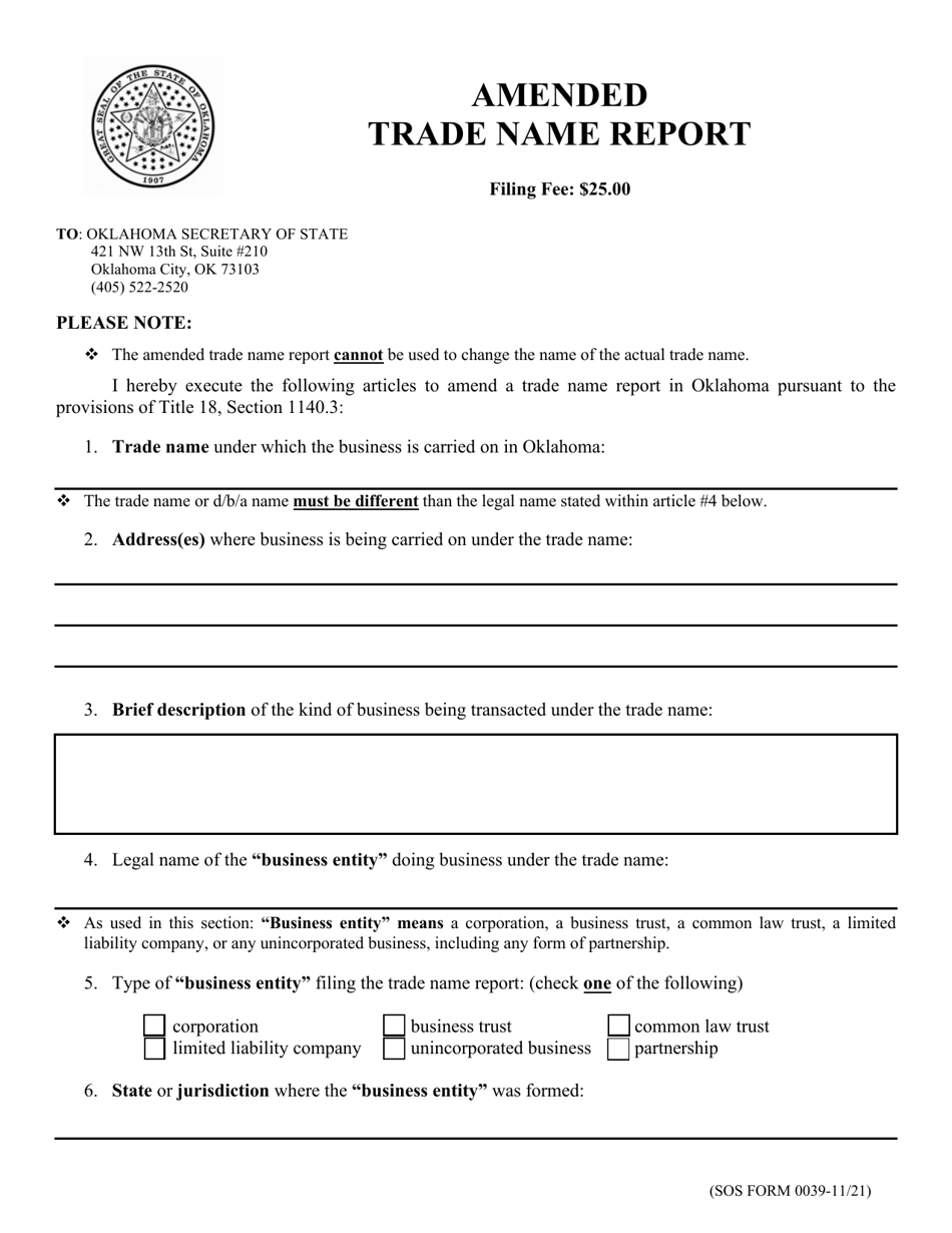 SOS Form 0039 Amended Trade Name Report - Oklahoma, Page 1