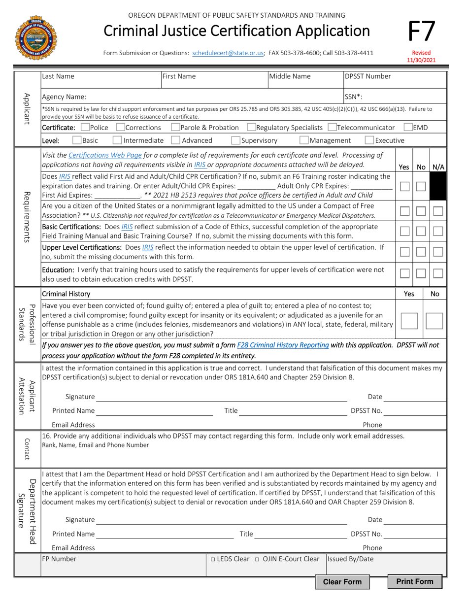 Form F7 Criminal Justice Certification Application - Oregon, Page 1