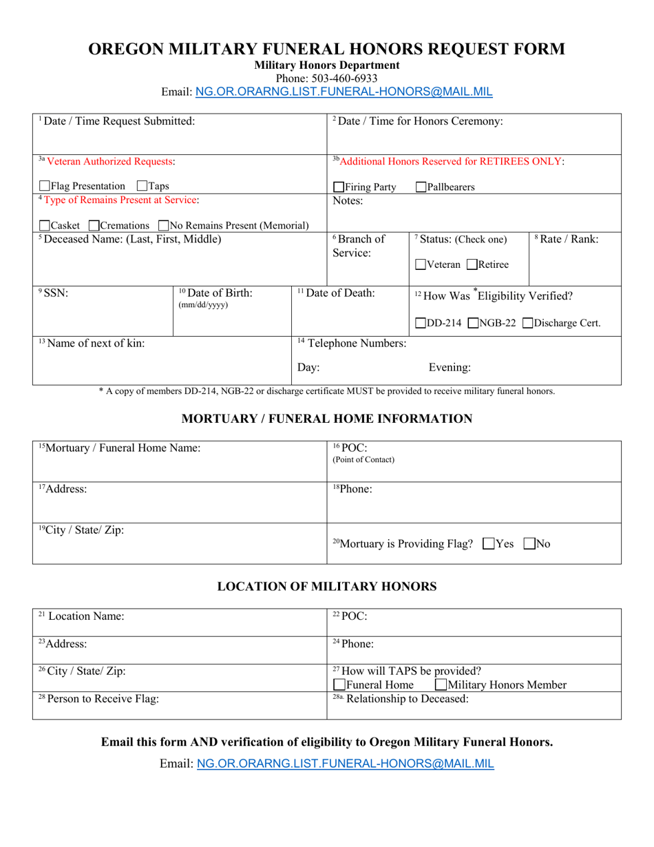 Oregon Oregon Military Funeral Honors Request Form Fill Out Sign Online And Download Pdf 7416