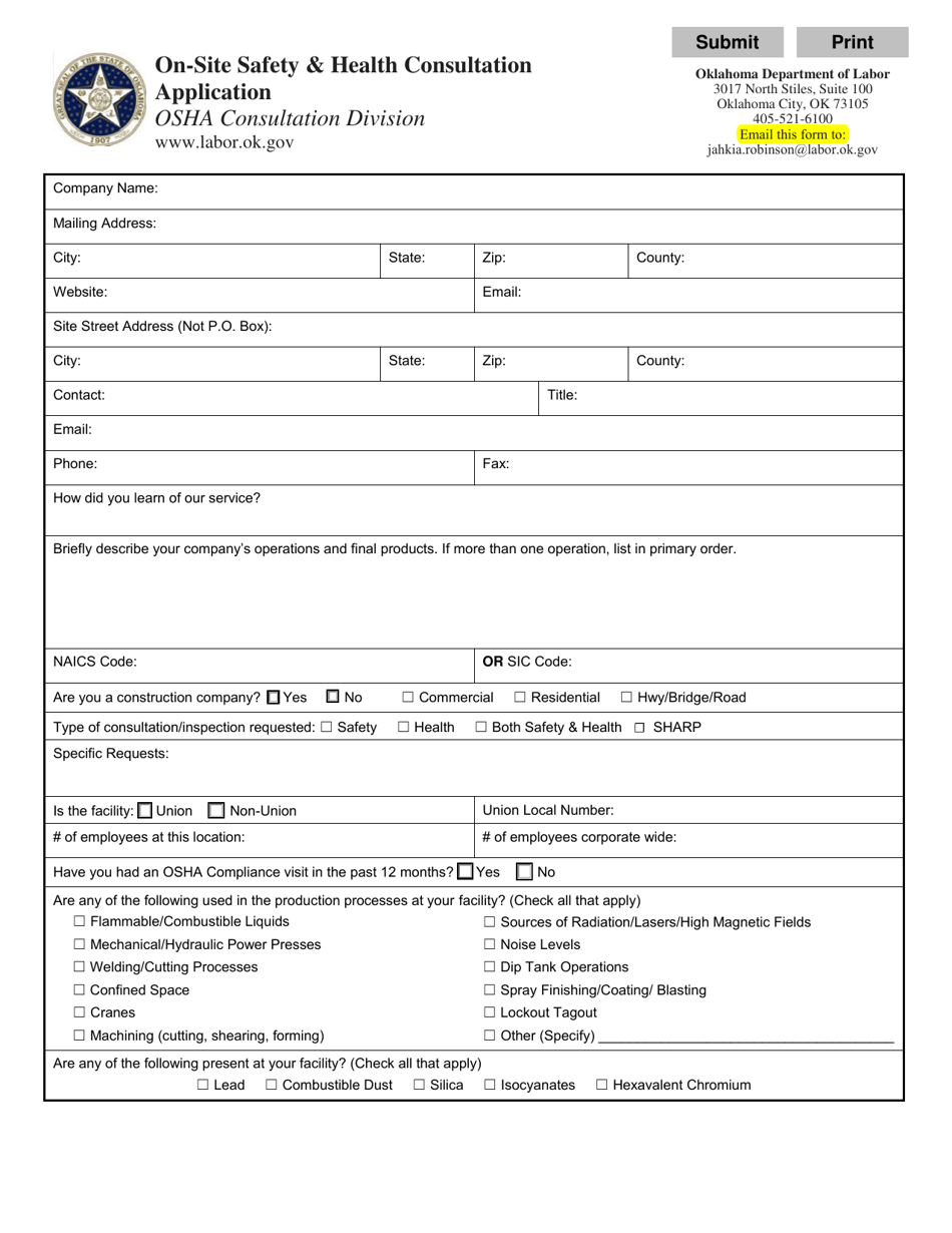 On-Site Safety  Health Consultation Application - Oklahoma, Page 1