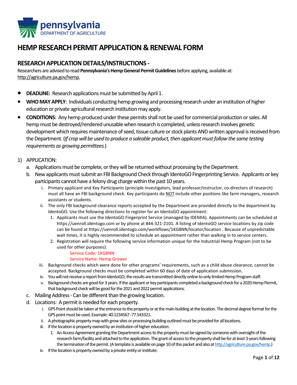 Hemp Research Permit Application - Pennsylvania, Page 1