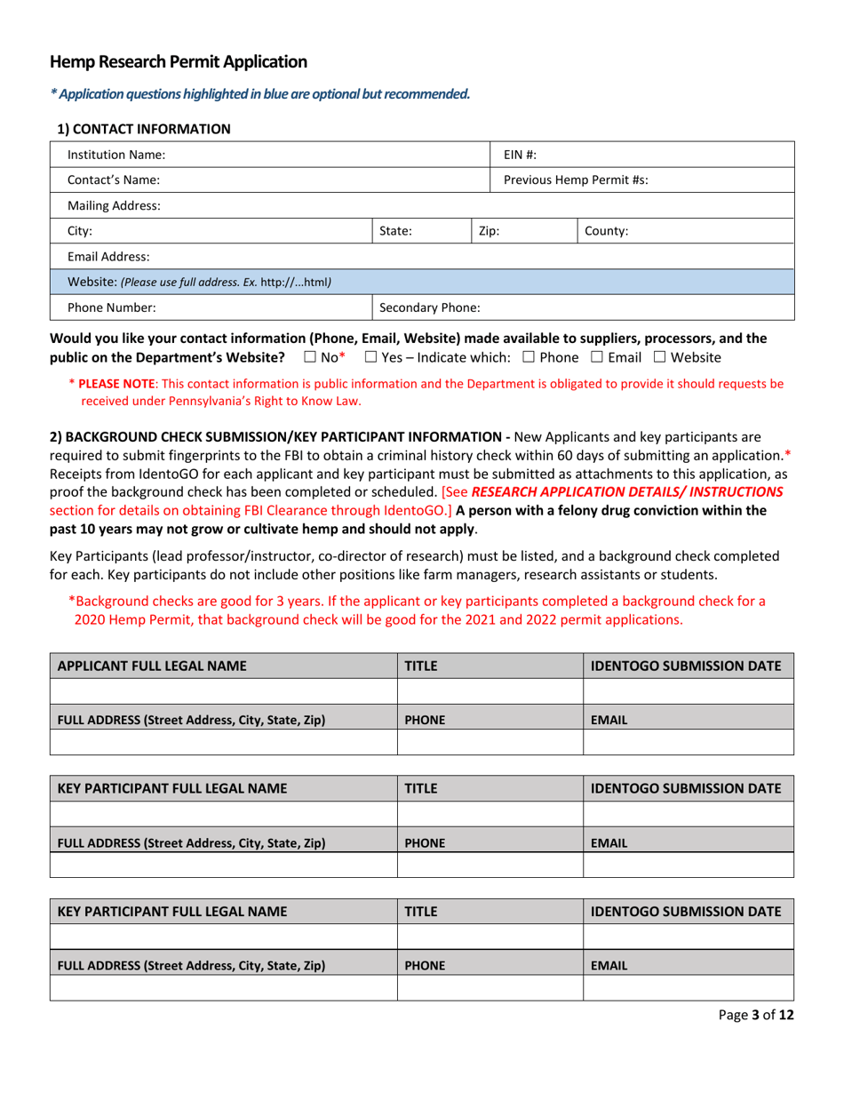 Hemp Research Permit Application - Pennsylvania, Page 3