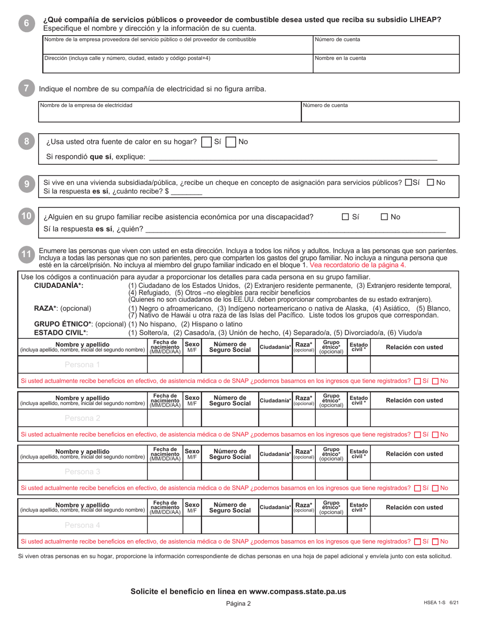 Formulario HSEA1-S Solicitud Para El Programa Para Asistencia De Energia Para Hogares De Bajos Ingresos (Liheap) - Pennsylvania (Spanish), Page 2