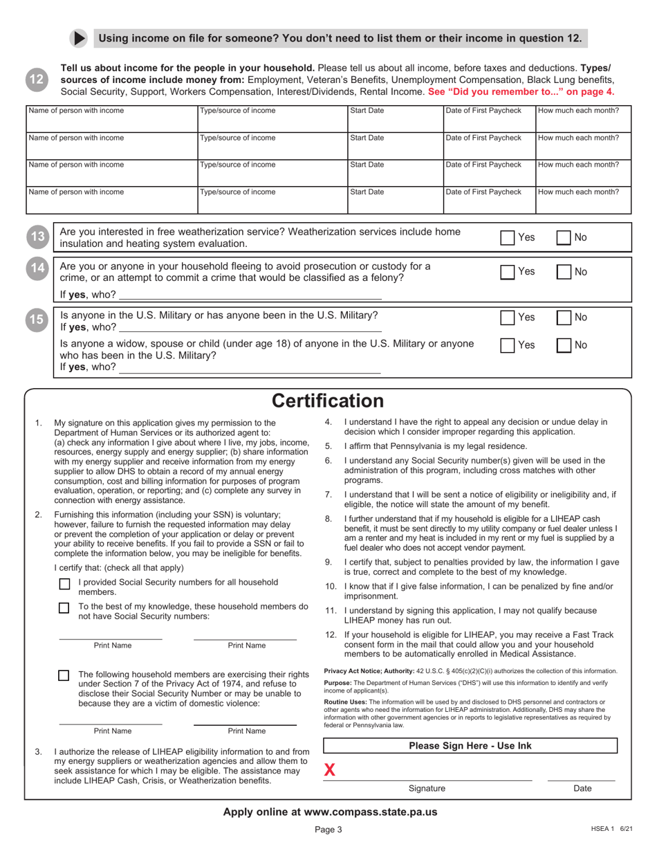 Form HSEA1 Application for the Low Income Home Energy Assistance Program (Liheap) - Pennsylvania, Page 3