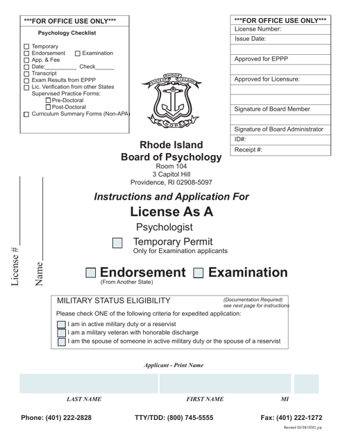 Application for License as a Psychologist - Rhode Island Download Pdf