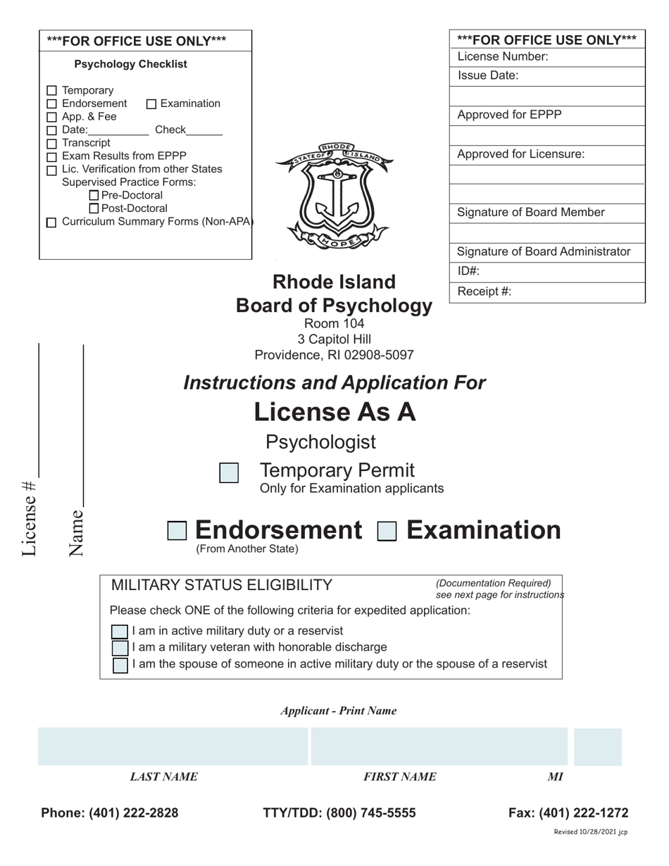 Rhode Island Application for License as a Psychologist Fill Out, Sign