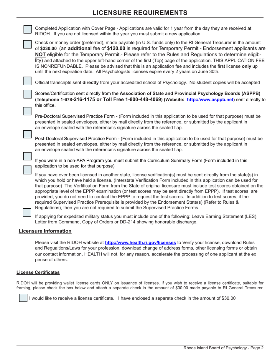 Application for License as a Psychologist - Rhode Island, Page 2