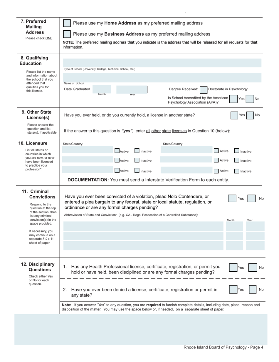 Application for License as a Psychologist - Rhode Island, Page 4