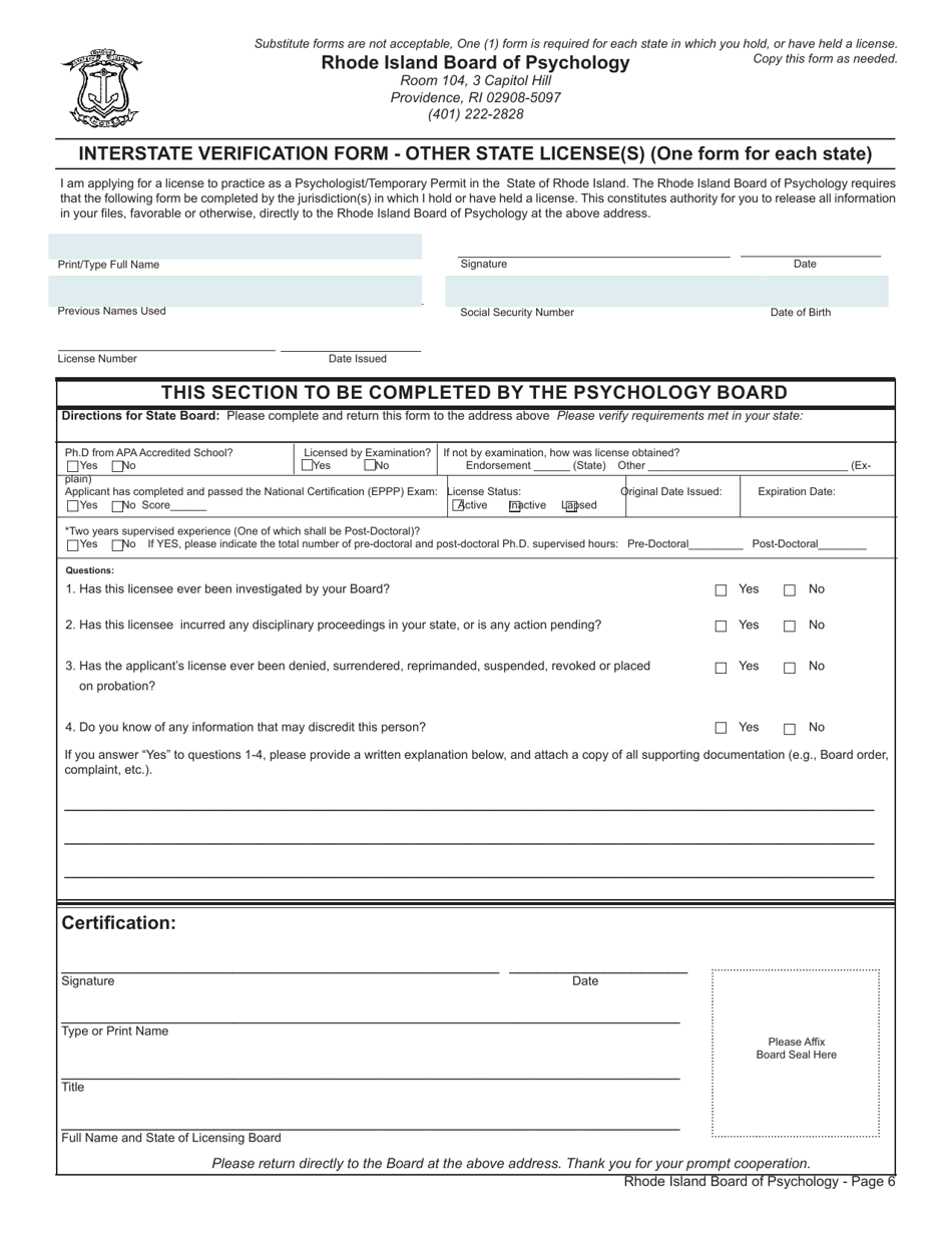 Application for License as a Psychologist - Rhode Island, Page 6