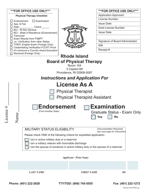 Application for License as a Physical Therapist / Physical Therapist Assistant - Rhode Island Download Pdf