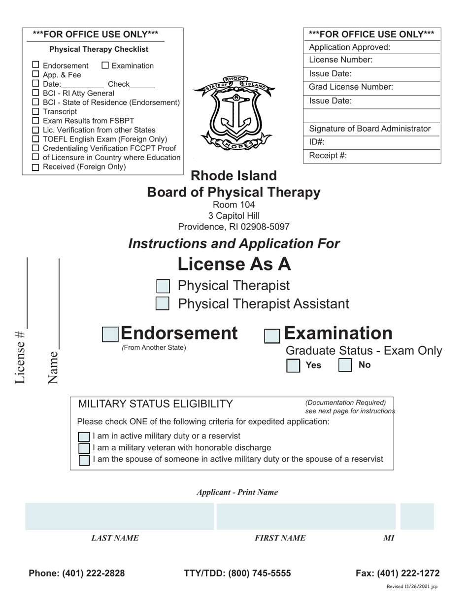 Application for License as a Physical Therapist / Physical Therapist Assistant - Rhode Island, Page 1