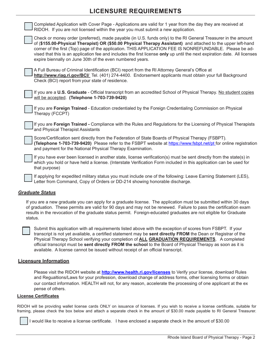 Application for License as a Physical Therapist / Physical Therapist Assistant - Rhode Island, Page 2