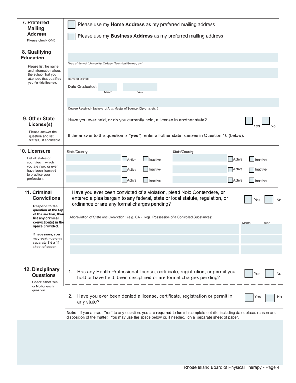 Application for License as a Physical Therapist / Physical Therapist Assistant - Rhode Island, Page 4