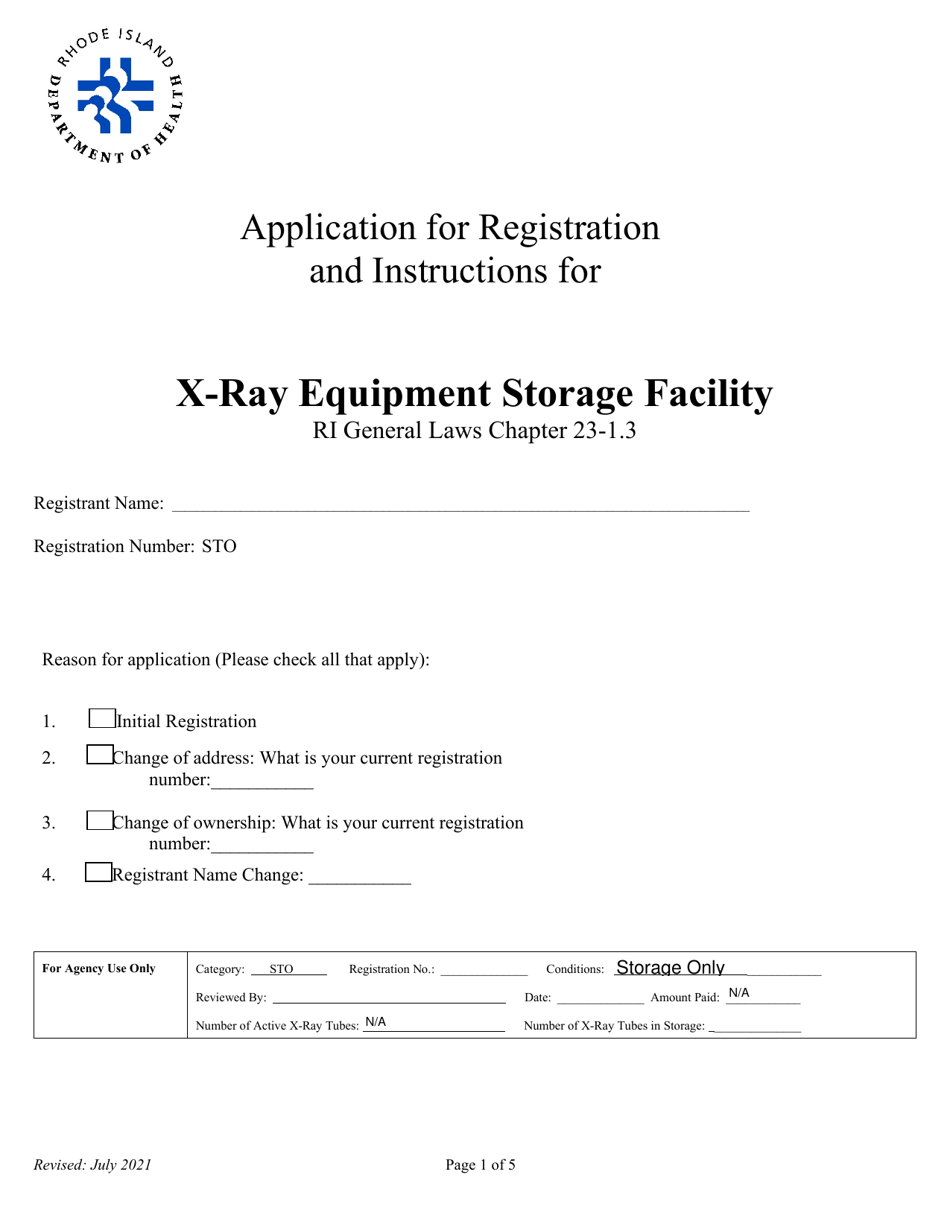 Application for Registration for X-Ray Equipment Storage Facility - Rhode Island, Page 1
