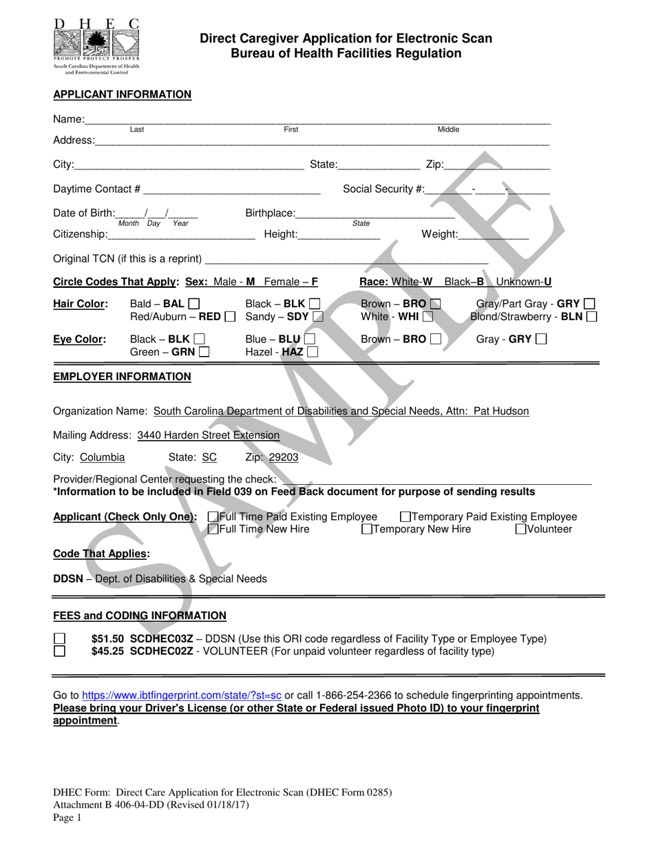 DHEC Form 0285 Attachment B Direct Caregiver Application for Electronic Scan - Sample - South Carolina, Page 1