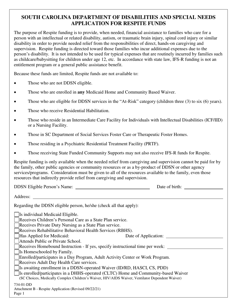 Attachment B Application for Respite Funds - South Carolina, Page 1