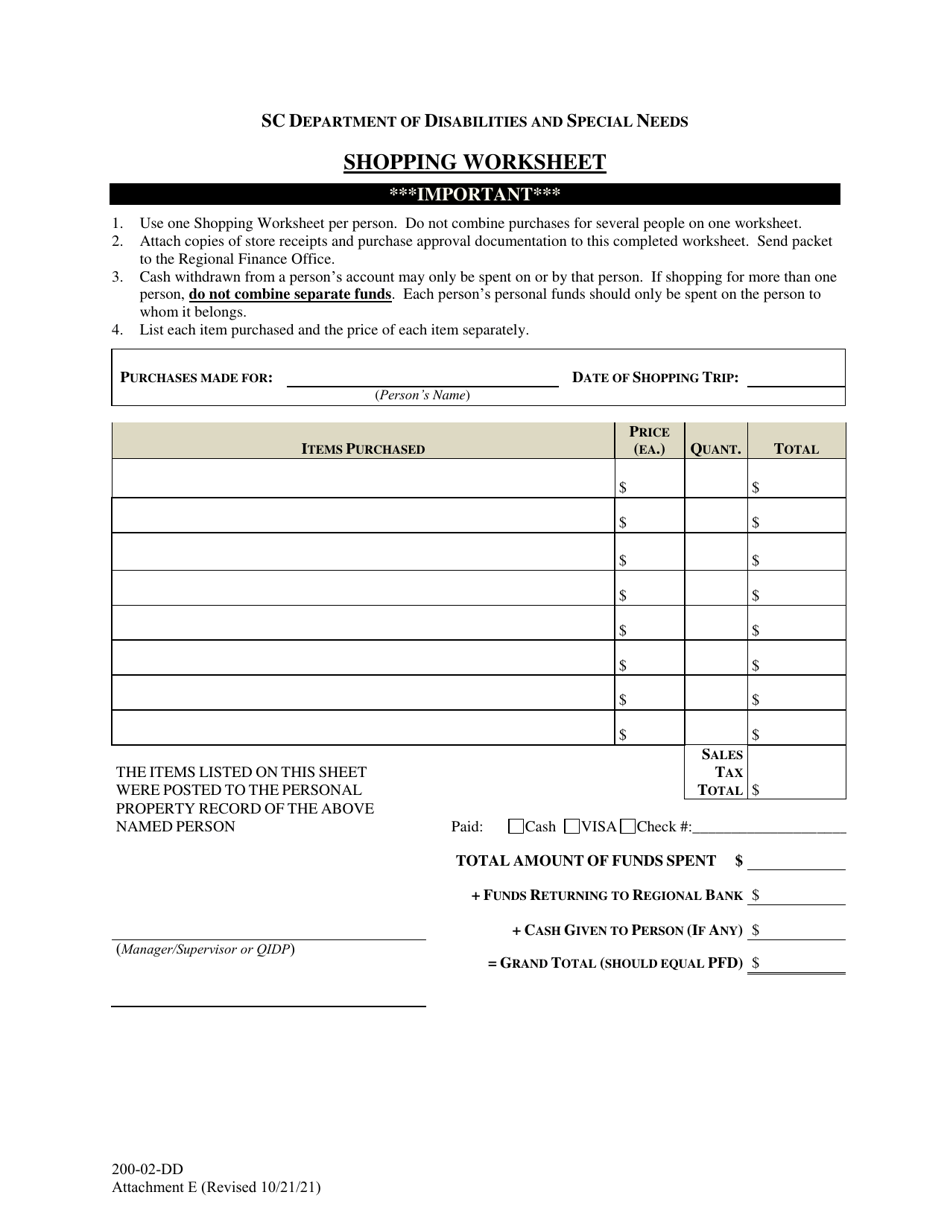 Attachment E Shopping Worksheet - South Carolina, Page 1
