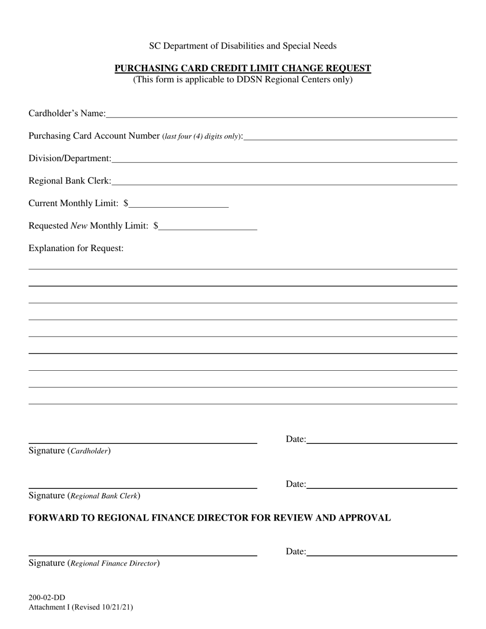Attachment I Purchasing Card Credit Limit Change Request - South Carolina, Page 1