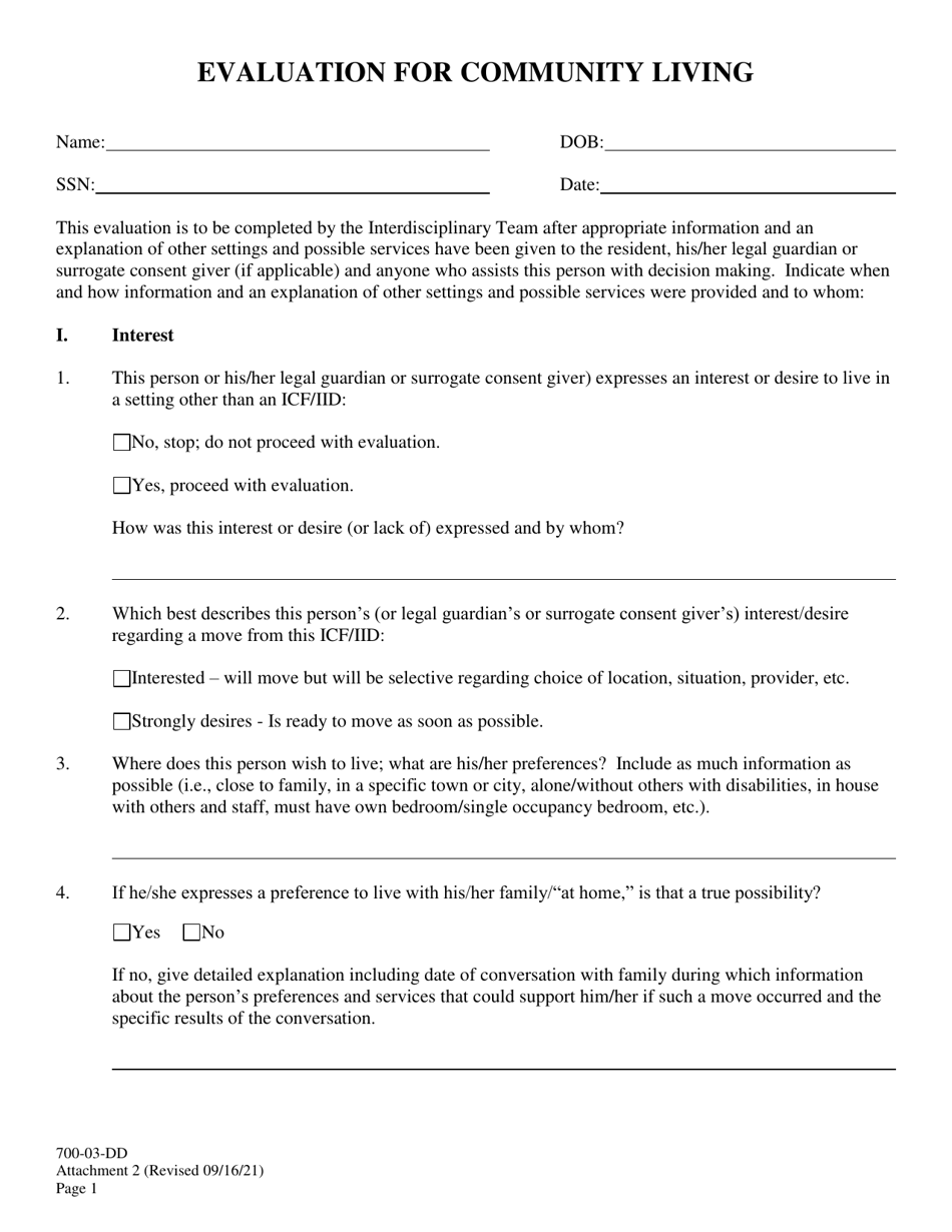 Attachment 2 Evaluation for Community Living - South Carolina, Page 1
