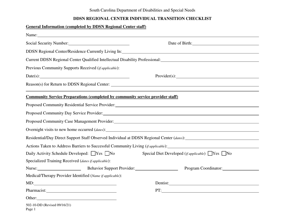 Ddsn Regional Center Individual Transition Checklist - South Carolina, Page 1