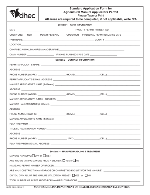 DHEC Form 2510 Standard Application Form for Agricultural Manure Applicators Permit - South Carolina
