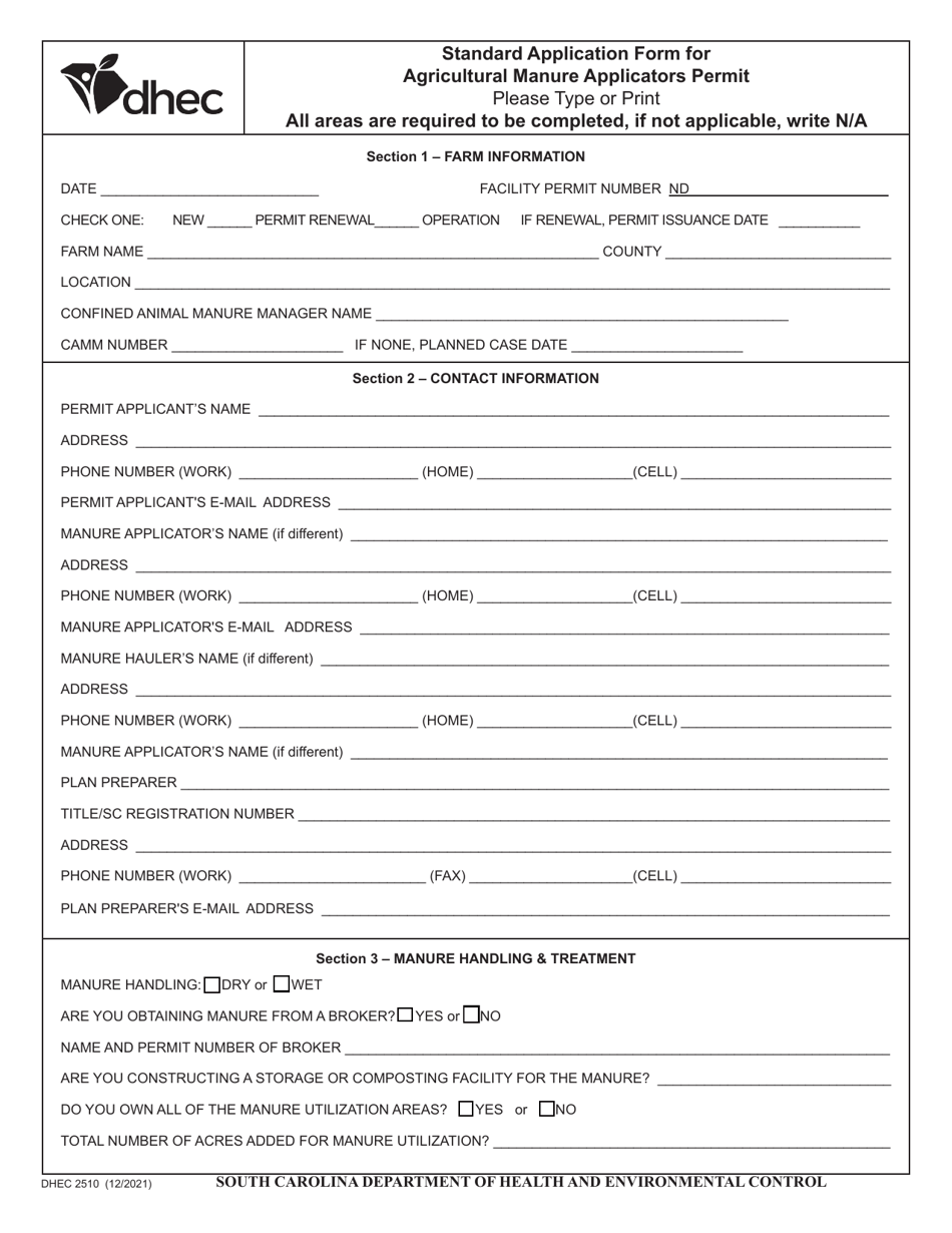 DHEC Form 2510 Standard Application Form for Agricultural Manure Applicators Permit - South Carolina, Page 1