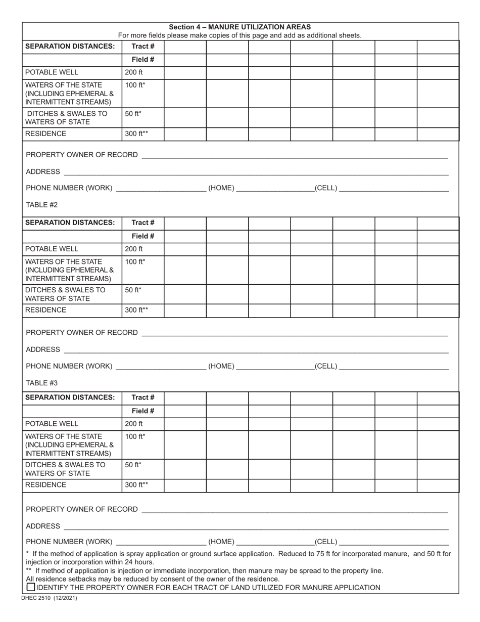 DHEC Form 2510 Standard Application Form for Agricultural Manure Applicators Permit - South Carolina, Page 2