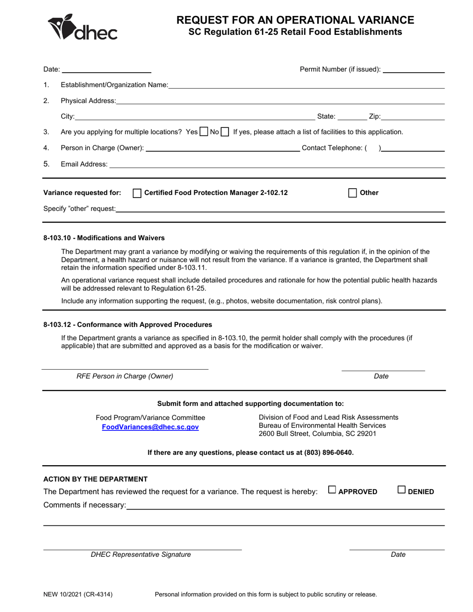 DHEC Form 4314 Request for an Operational Variance - South Carolina, Page 1