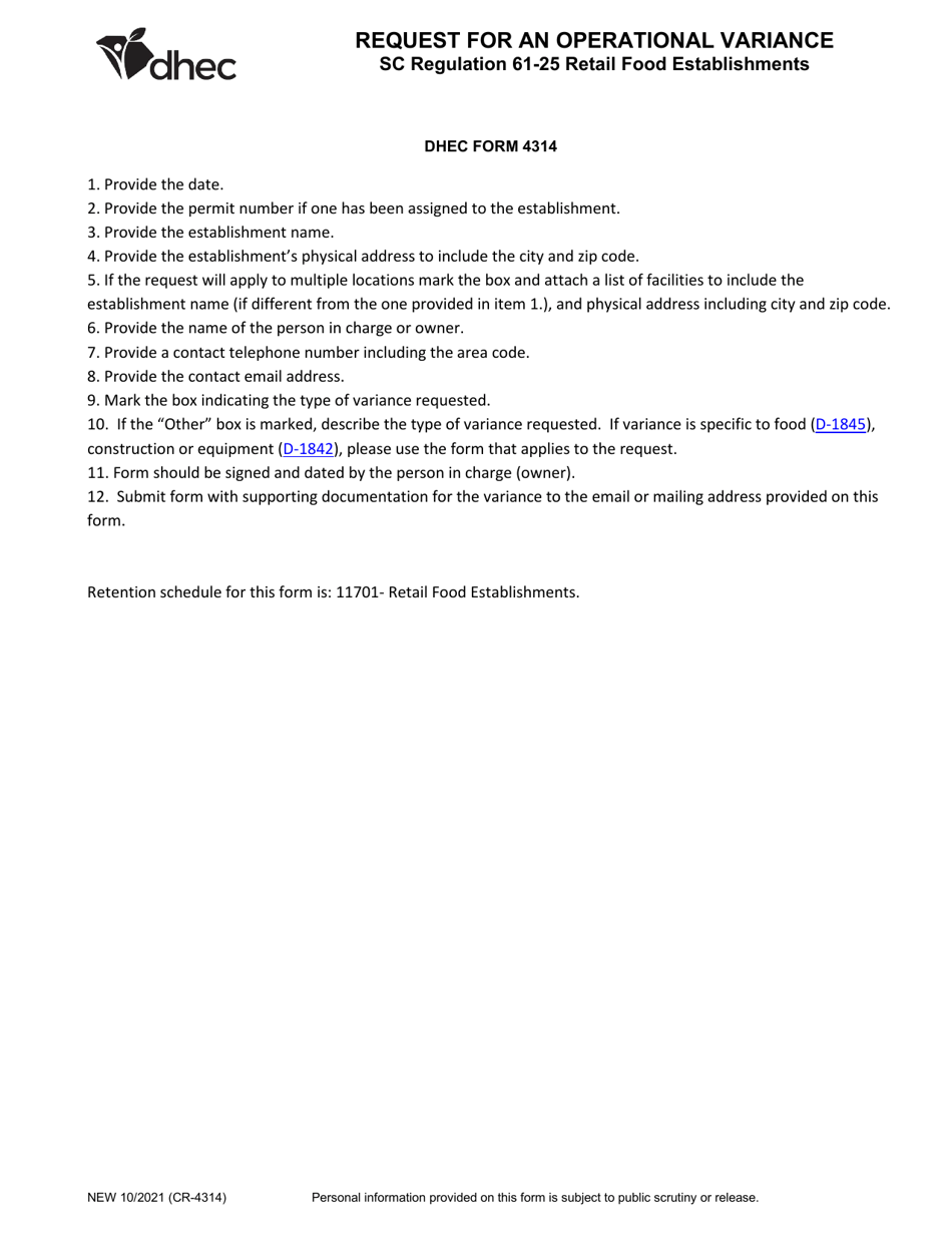 DHEC Form 4314 Request for an Operational Variance - South Carolina, Page 2