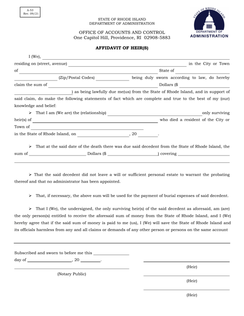 Form A-53 Affidavit of Heir(S) - Rhode Island