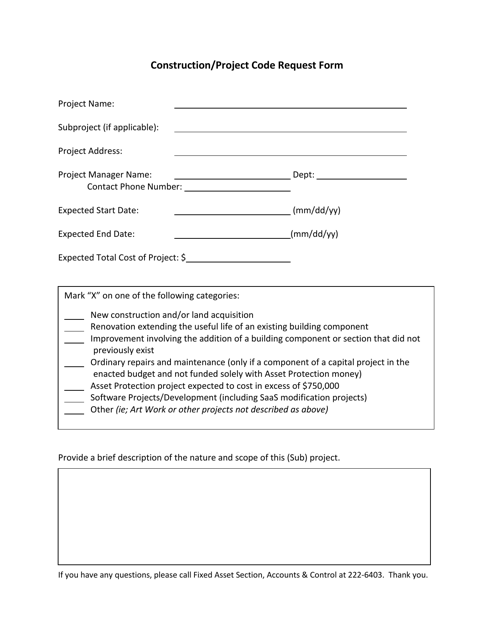 Construction / Project Code Request Form - Rhode Island Download Pdf