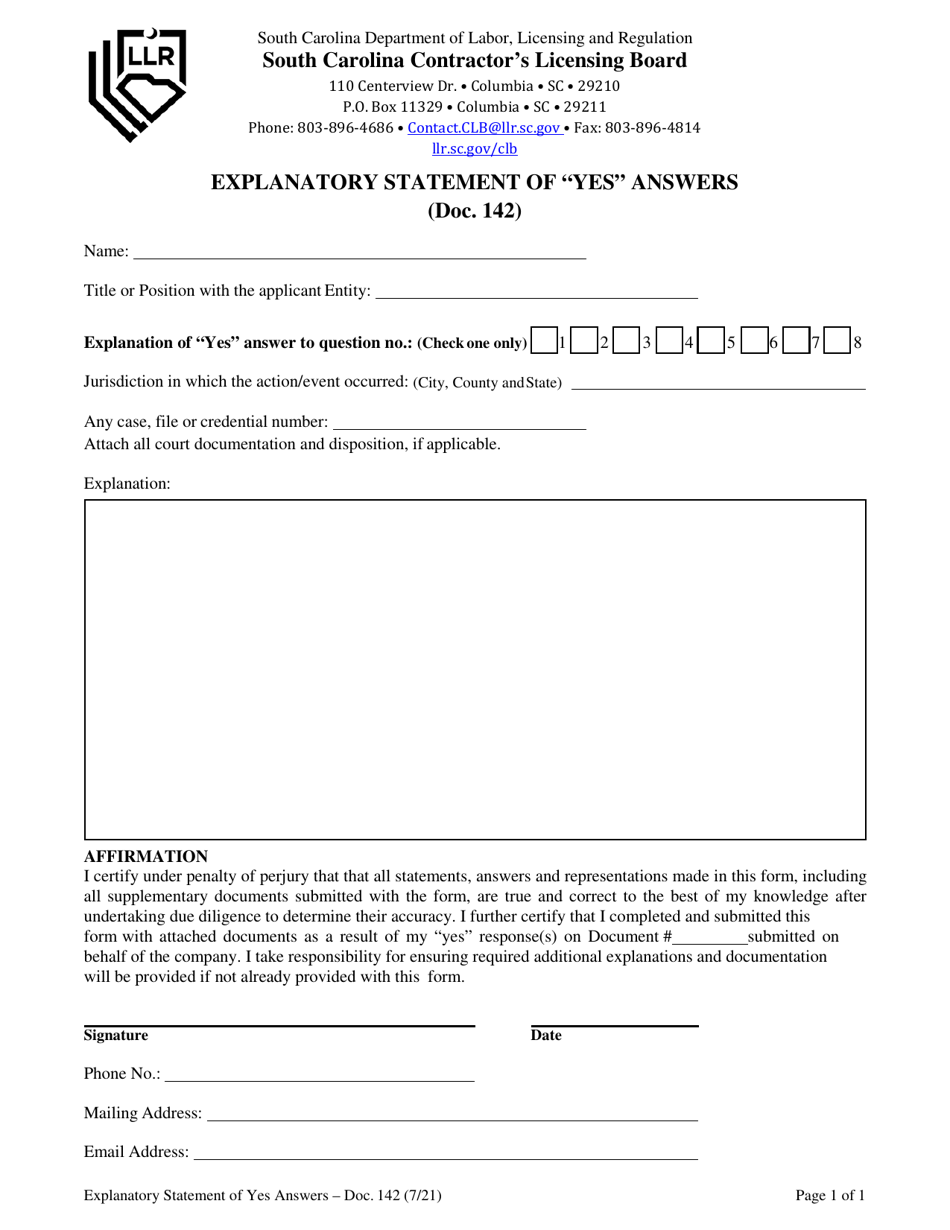 Form 142 Explanatory Statement of Yes Answers - South Carolina, Page 1