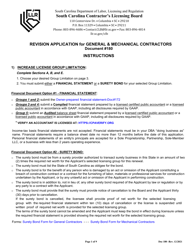 Form DOC180 &quot;Revision Application for General and Mechanical Contractors&quot; - South Carolina