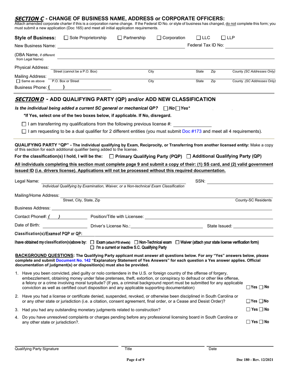 Form DOC180 Revision Application for General and Mechanical Contractors - South Carolina, Page 4