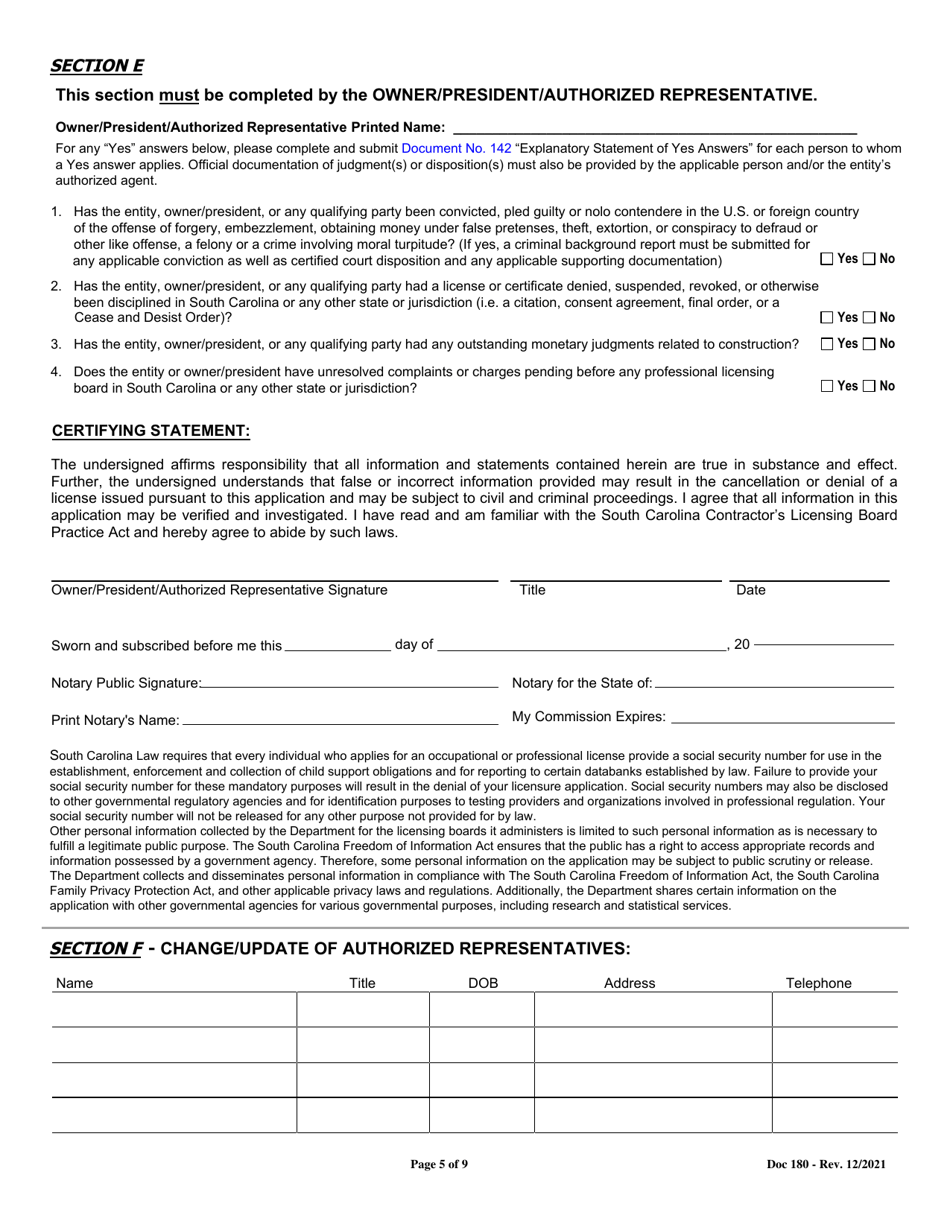 Form DOC180 Revision Application for General and Mechanical Contractors - South Carolina, Page 5