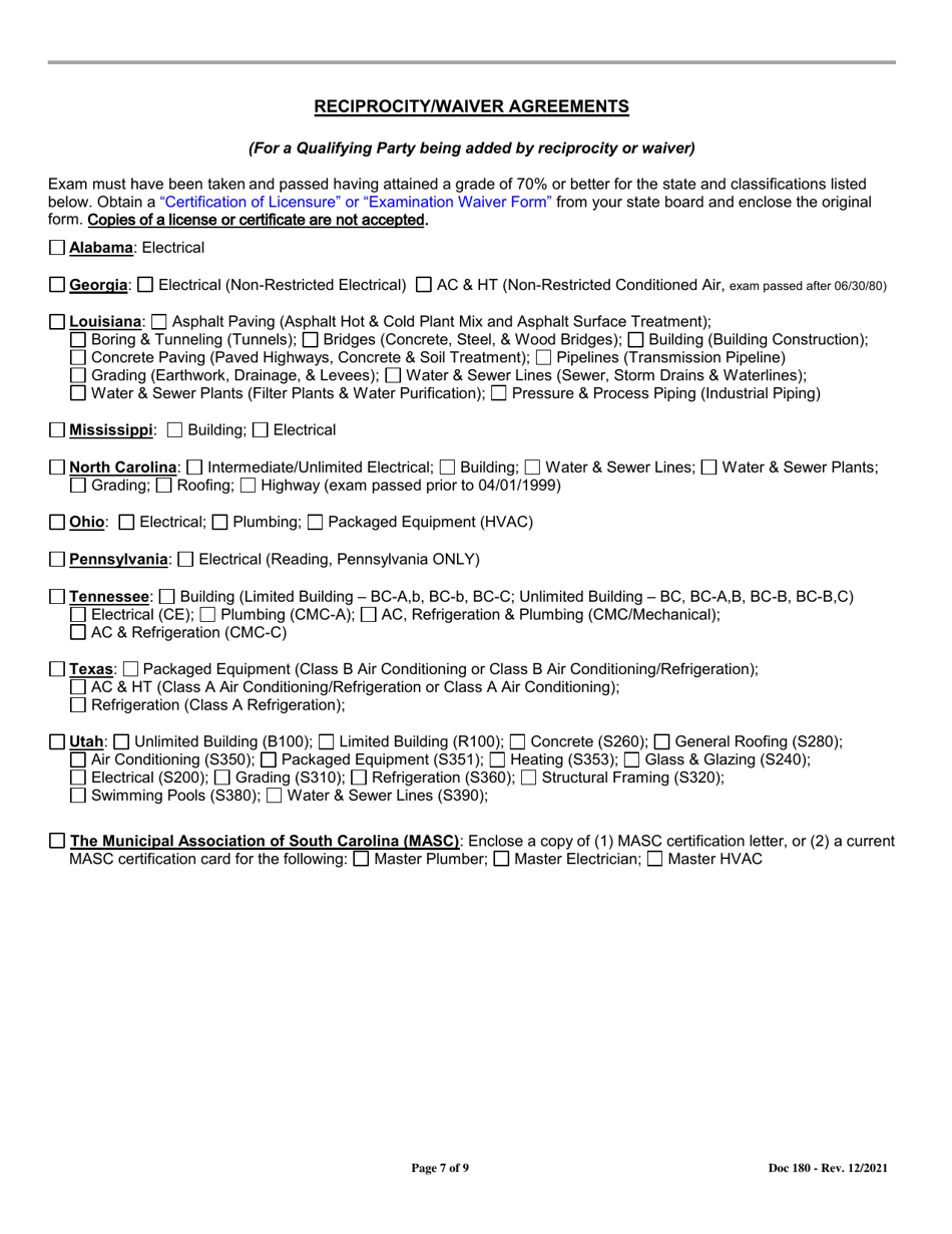 Form DOC180 Revision Application for General and Mechanical Contractors - South Carolina, Page 7