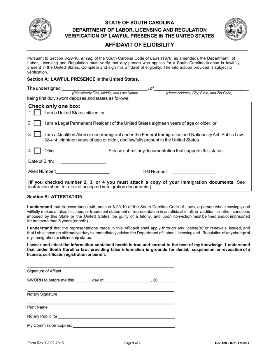Form DOC180 Revision Application for General and Mechanical Contractors - South Carolina, Page 9