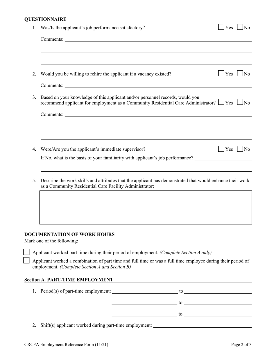Employment Reference - Community Residential Facility Care Administrator Application - South Carolina, Page 3