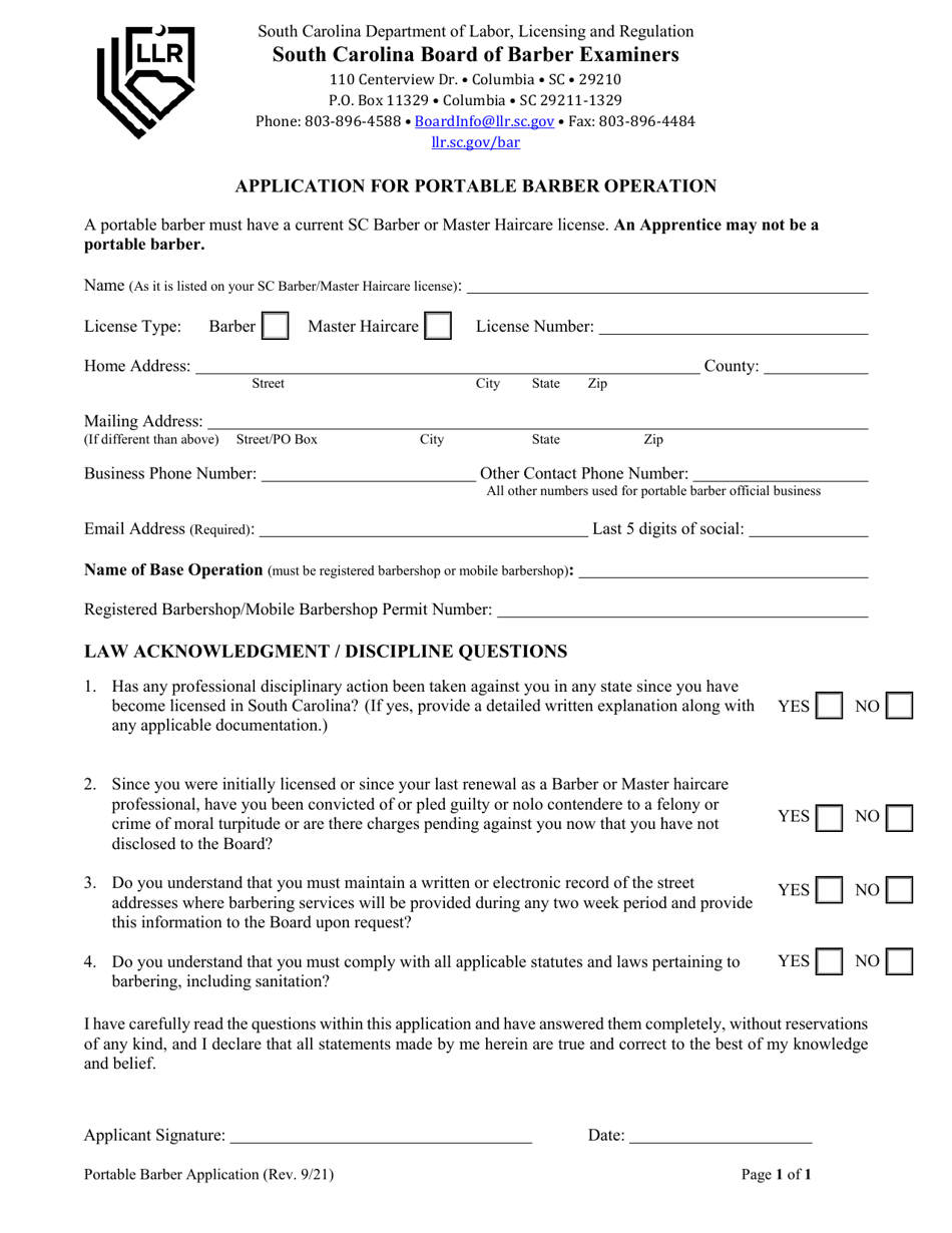 Application for Portable Barber Operation - South Carolina, Page 1