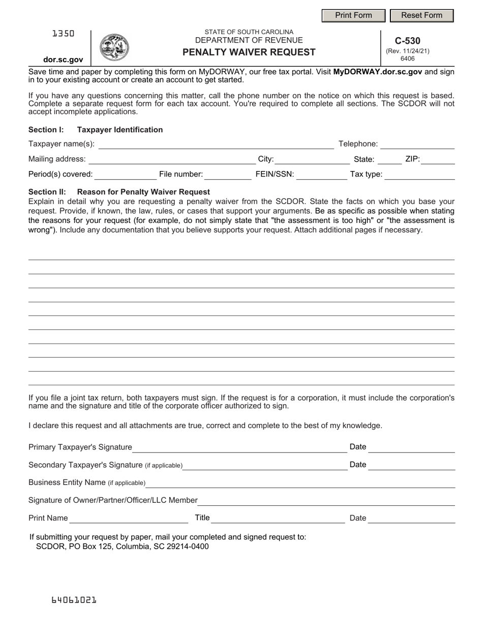 Form C-530 Penalty Waiver Request - South Carolina, Page 1
