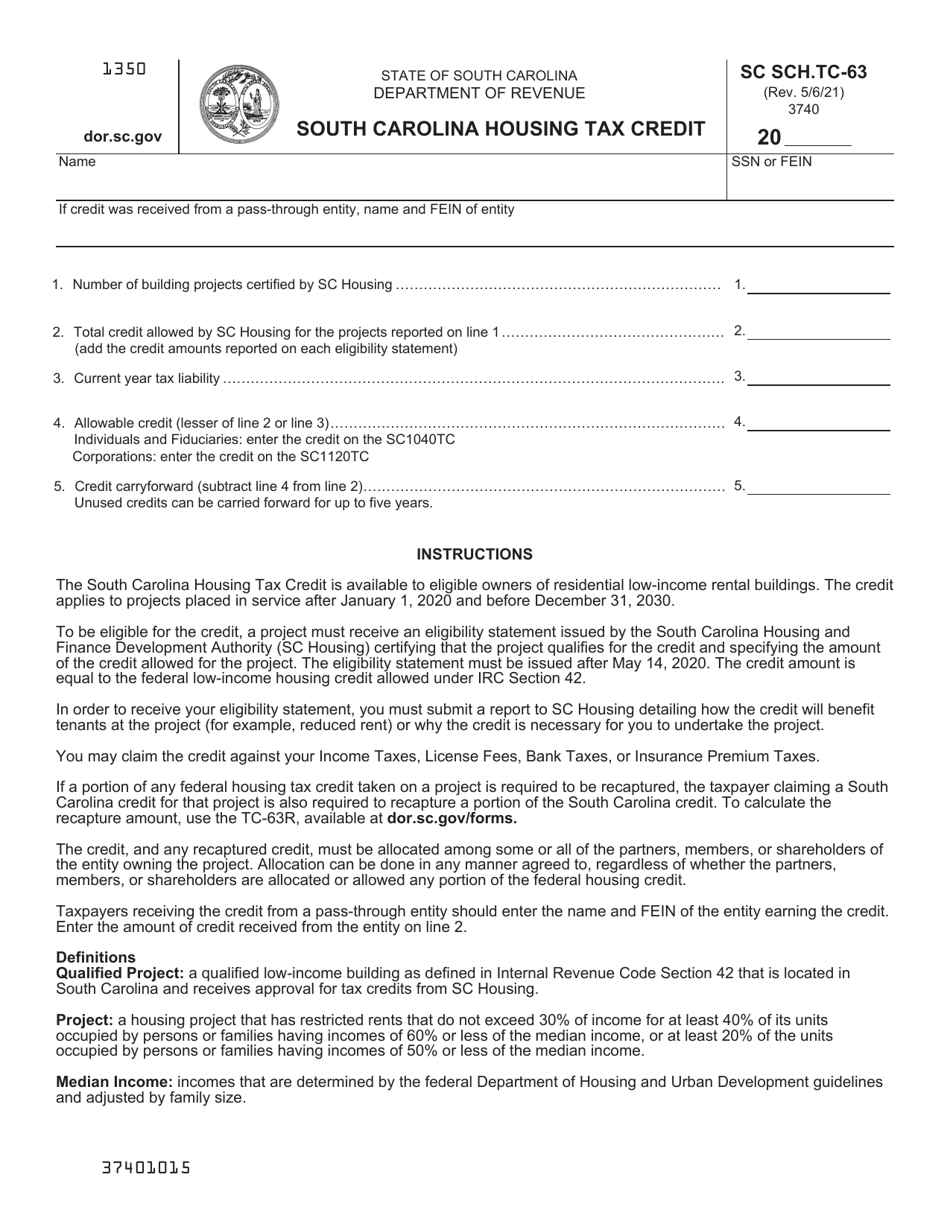 Form SC SCH.TC-63 South Carolina Housing Tax Credit - South Carolina, Page 1