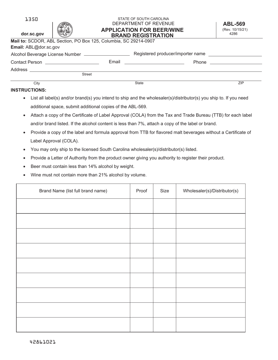 Form ABL-569 Application for Beer / Wine Brand Registration - South Carolina, Page 1