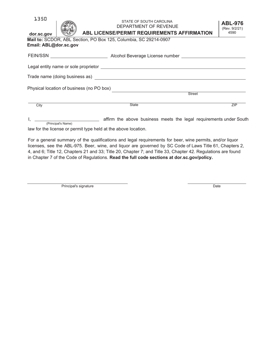 Form ABL-976 Abl License / Permit Requirements Affirmation - South Carolina, Page 1