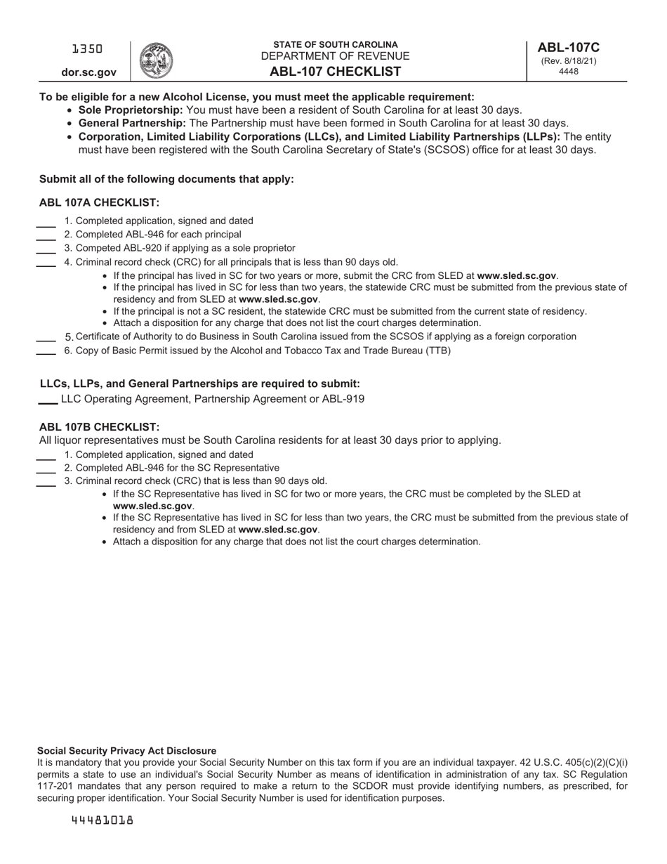 Form ABL-107 Application for Registration of Alcoholic Liquor Producer or Importer - South Carolina, Page 1