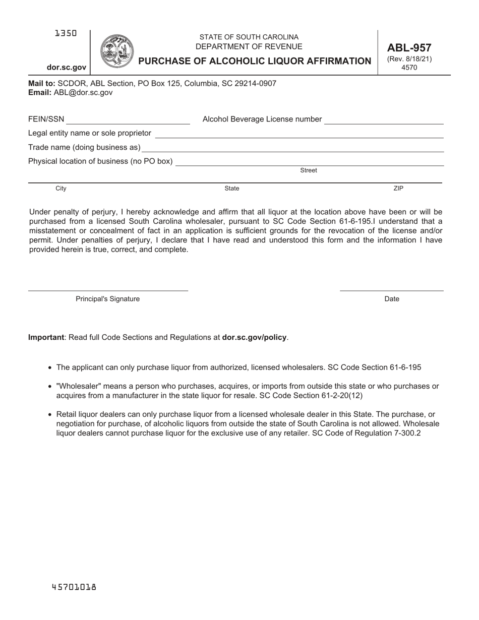 Form ABL-957 Purchase of Alcoholic Liquor Affirmation - South Carolina, Page 1