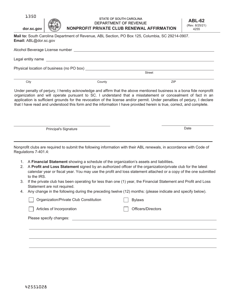 Form ABL-62 Nonprofit Private Club Renewal Affirmation - South Carolina, Page 1